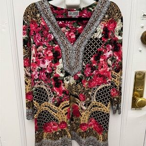 JM Collection Floral V Neck Tunic Blouse XL